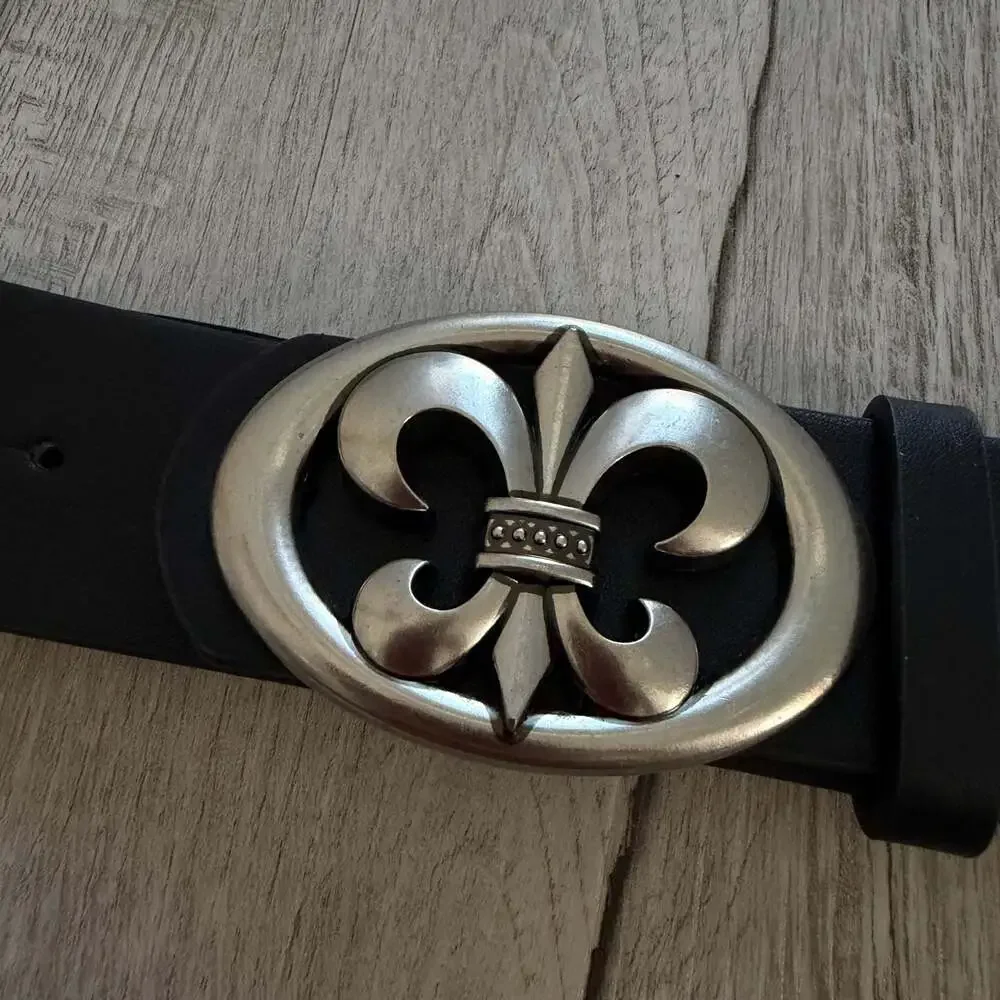 Unisex Leather Belt with French Lily Fleur de Lys Buckle